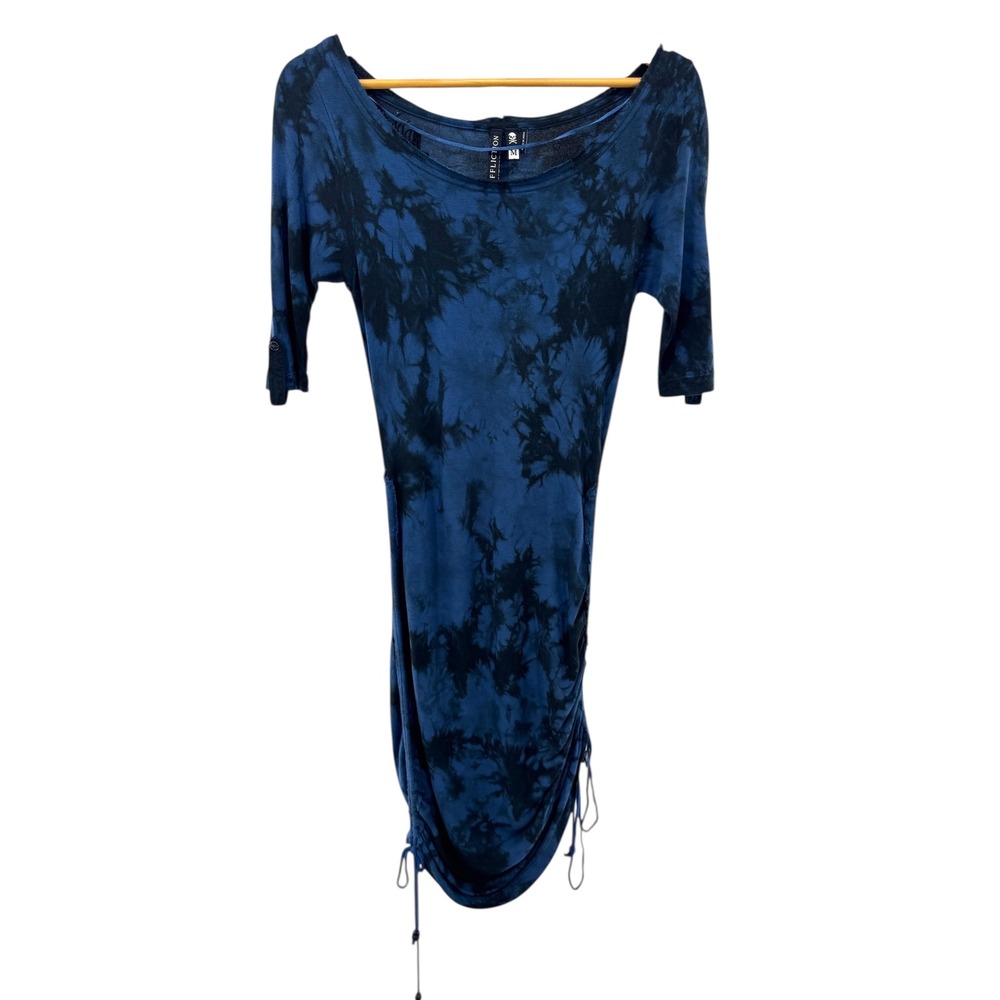 Affliction Blue Black Tie‎ Dye Ruched Drawstring Asymmetrical Tee Dress M